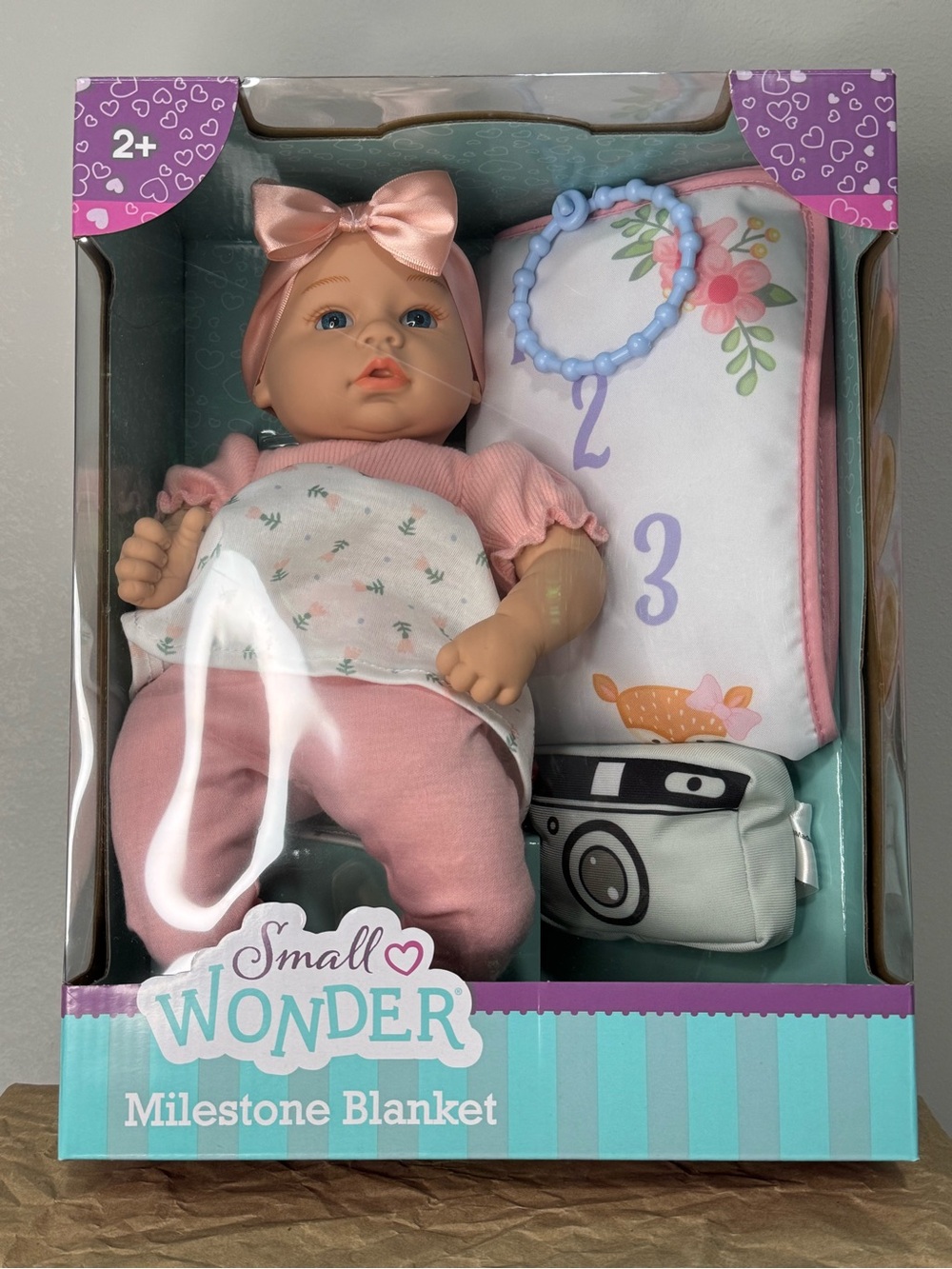 small wonders Baby Doll with Pink Outfit & Floral Milestone Blanket